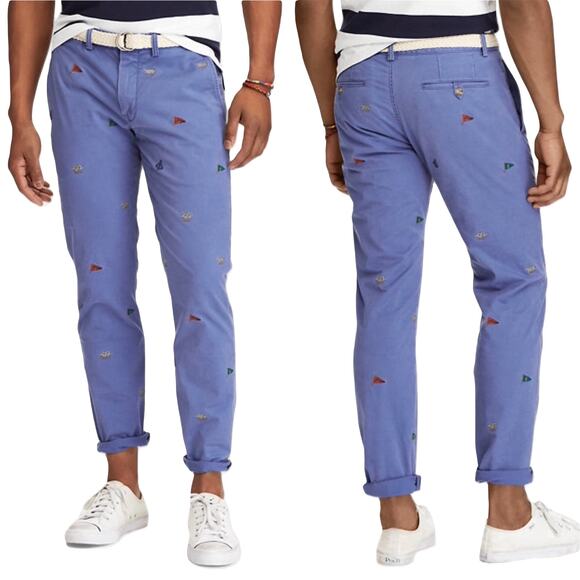 POLO RALPH LAUREN Pants Men 35x30 Blue Straight Fit Sailing Anchor Chino Stretch